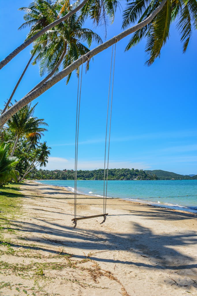 Serene beach with a palm-fringed swing on Ko Mak island, Thailand, under a bright blue sky.